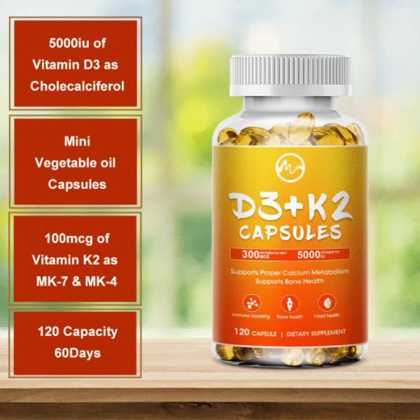 Vitamina K2 + D3 – Nueva Fórmula Vegana | 120 Cápsulas | Salud Ósea, Inmunidad y Absorción de Calcio